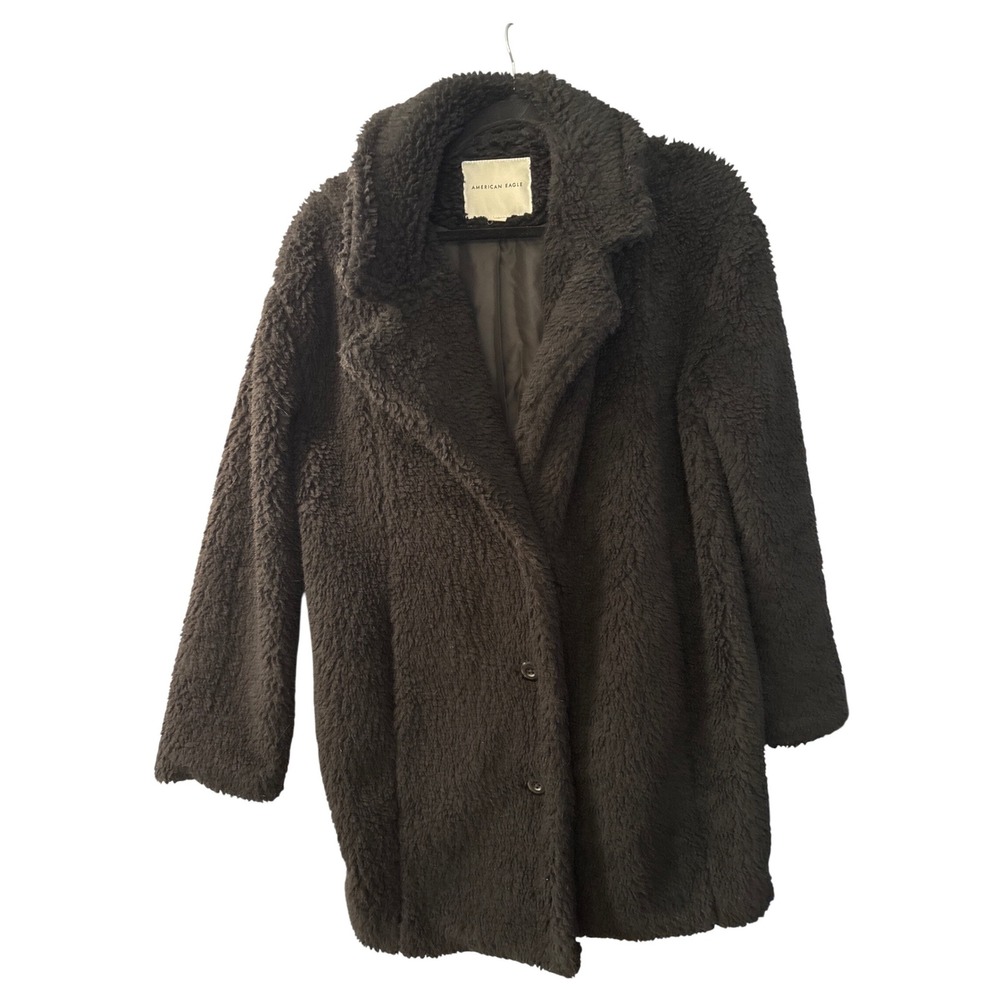 American Eagle Womens XS Teddy Coat Faux Fur Gray Button Front Lapel Jacket